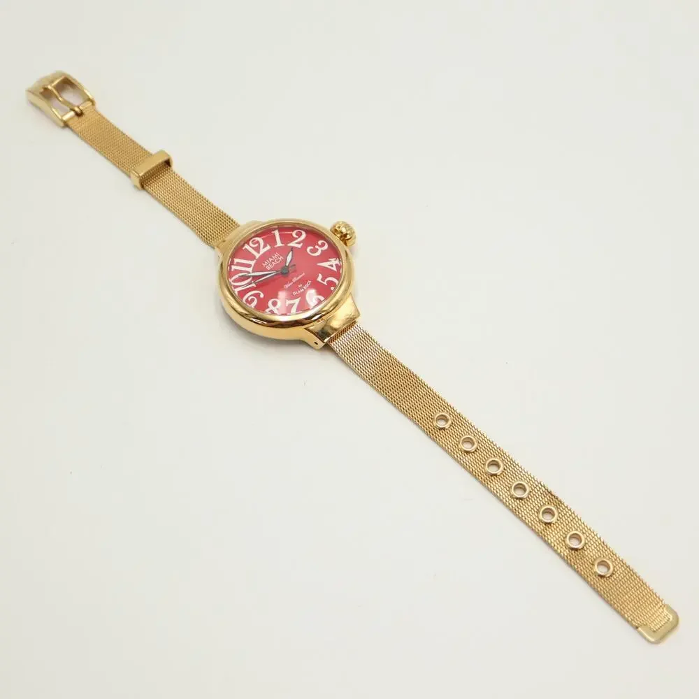 Miami Beach Glam Rock Gold Tone 36mm Red Womens Watch Mesh Band w New Battery